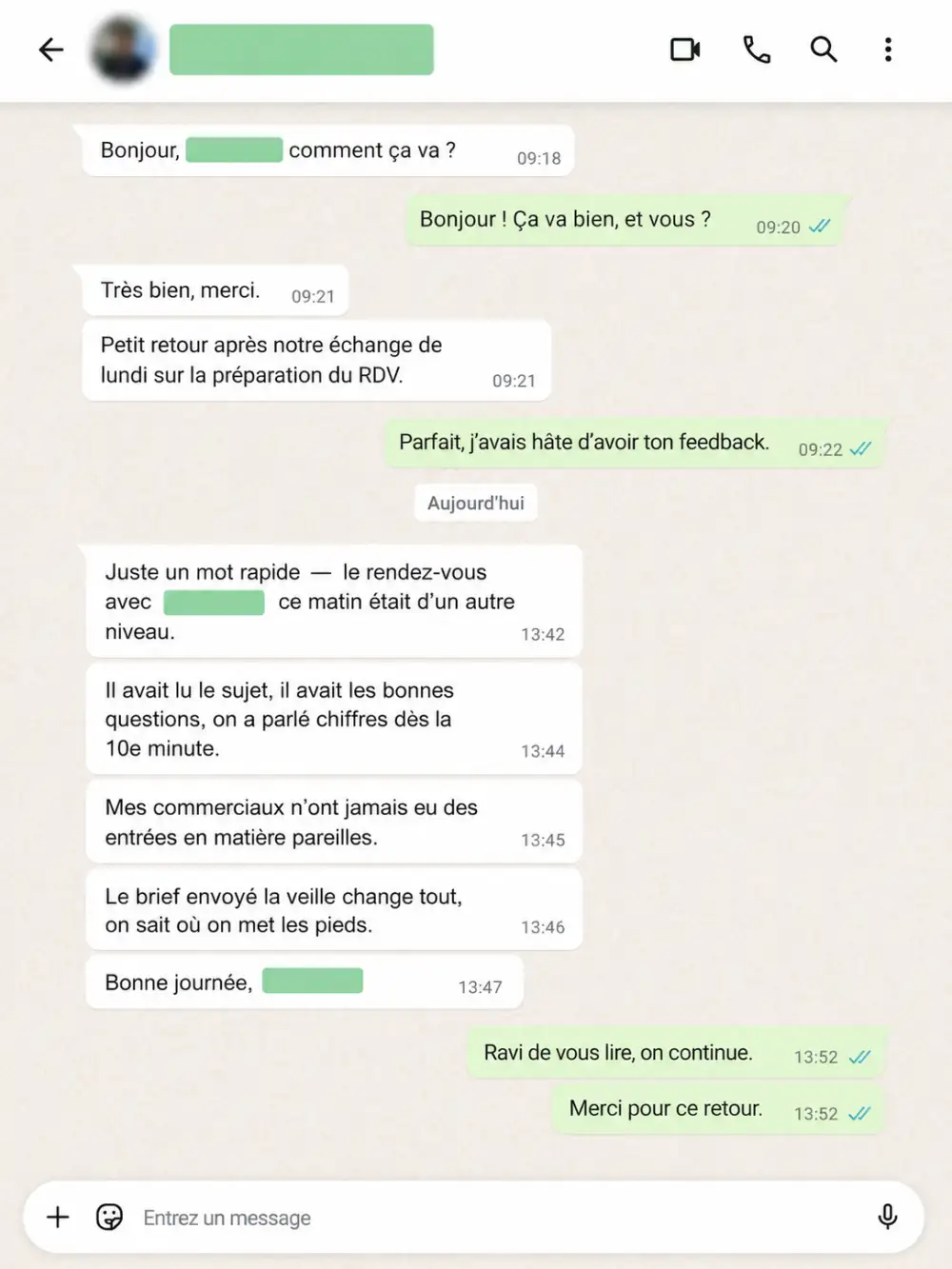 Message WhatsApp reçu en sortie de rendez-vous