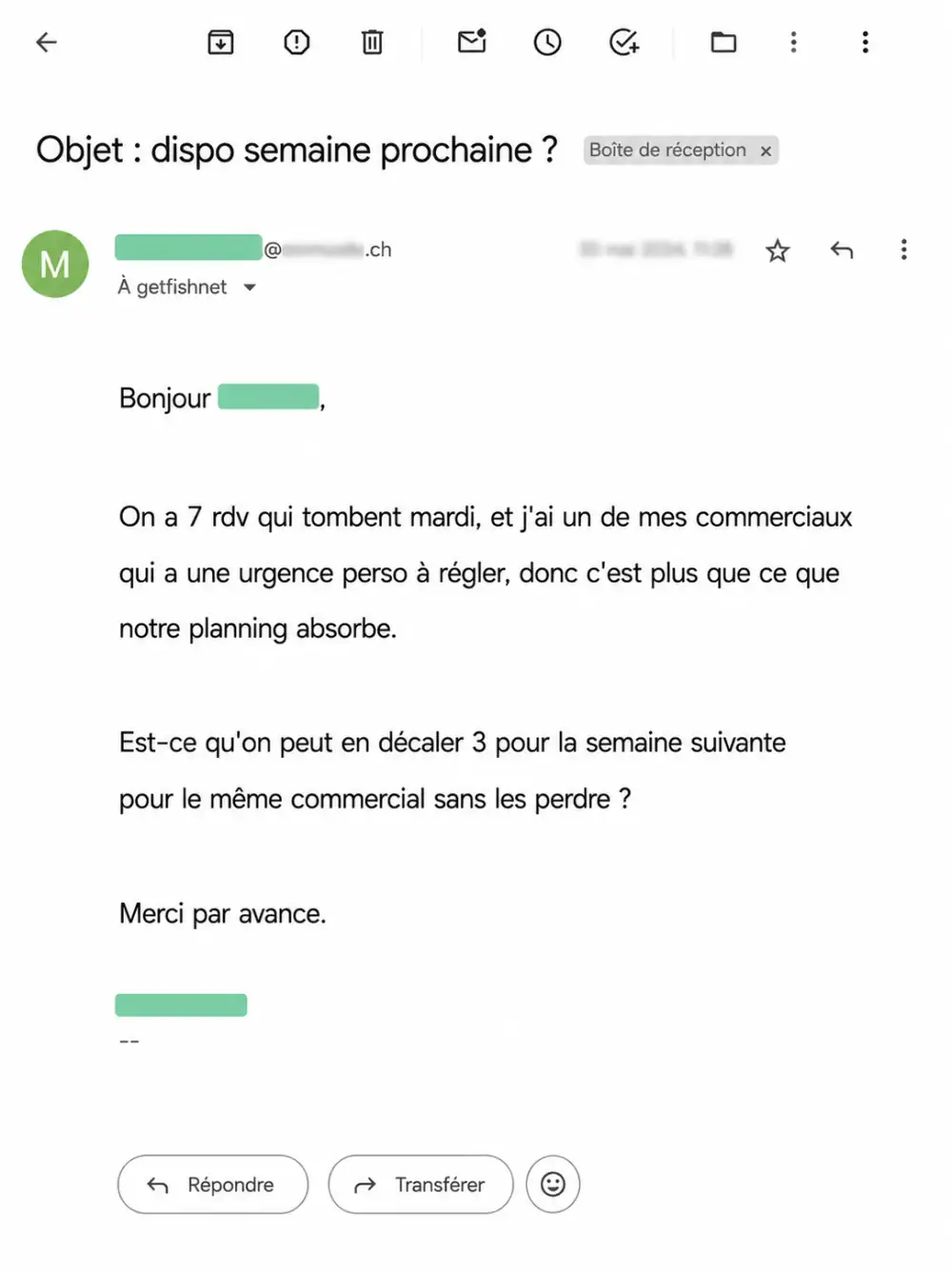 Email de feedback terrain de la semaine