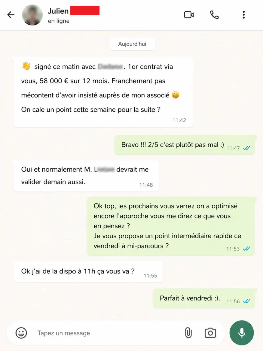 Message WhatsApp — premier contrat signé via getfishnet