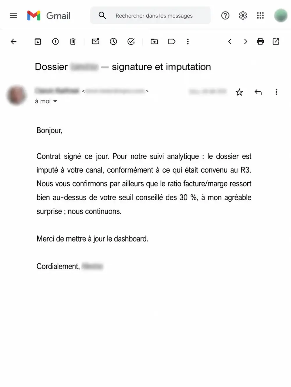 Email — dossier signé et imputation analytique