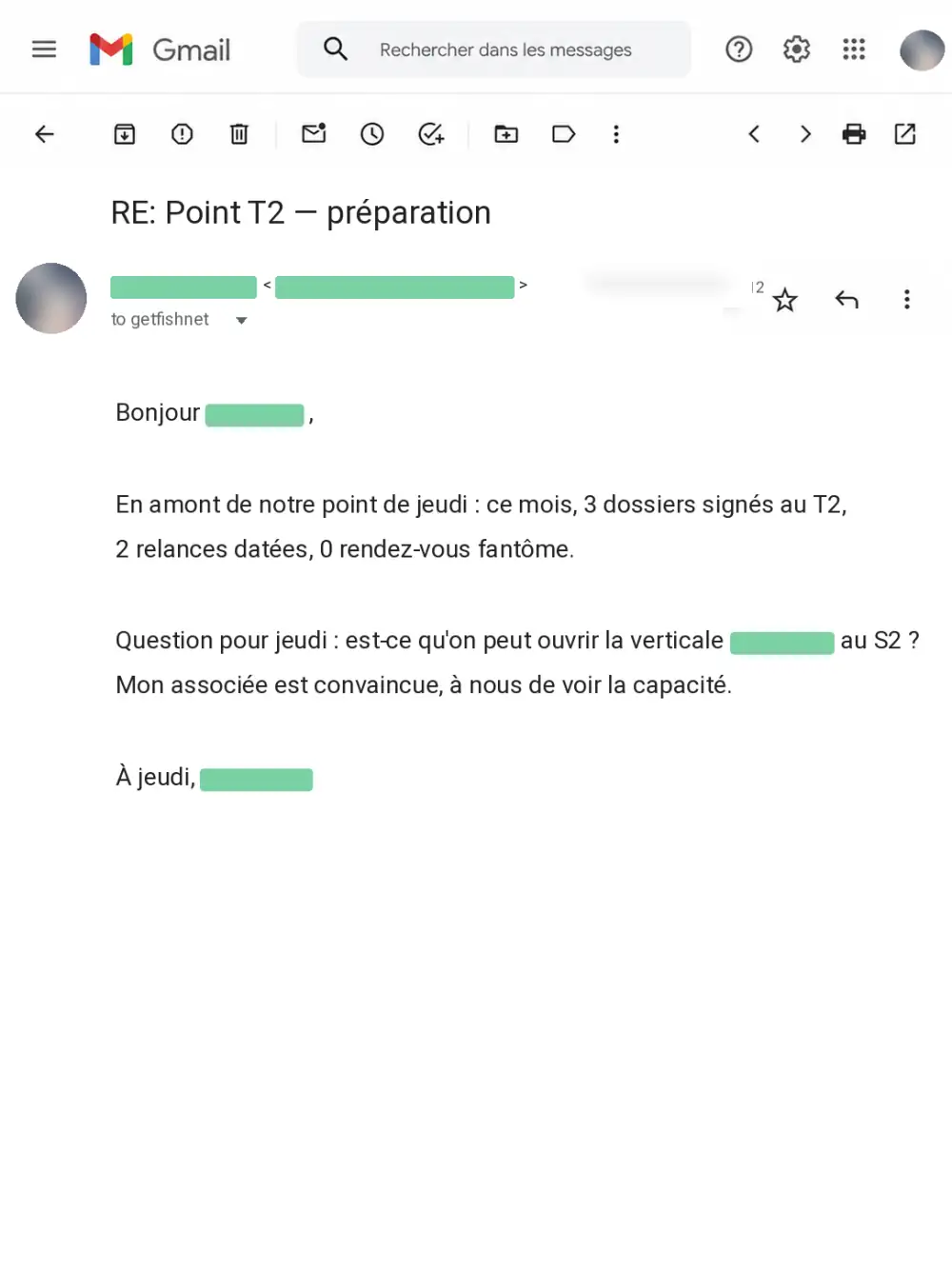 Email — point trimestriel, dossiers signés au T2